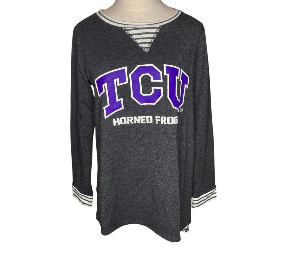 Gameday Couture TCU Horned Frogs Size XS/S Knit Top Gray with Stripes Hi/Low Hem